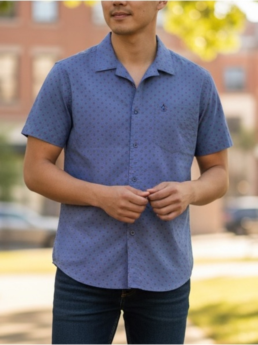 Original Penguin Munsingwear Short Sleeve Button Shirt Blue Red Print Classic L